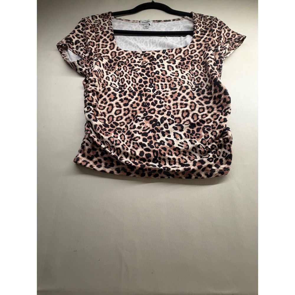 Faded Rose Leopard Print Ruched Side Square Neck Top Brown Black Large